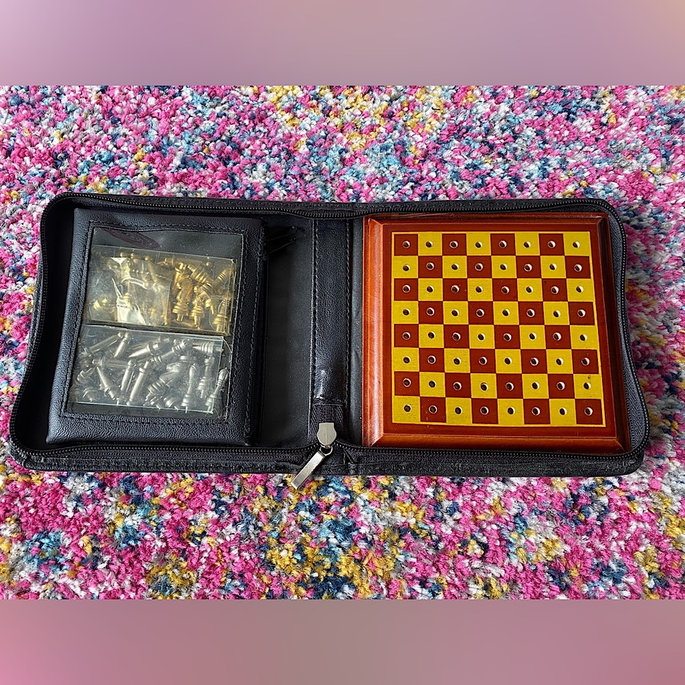 Vintage Travel-Size Chess Set in Zip-Up Case